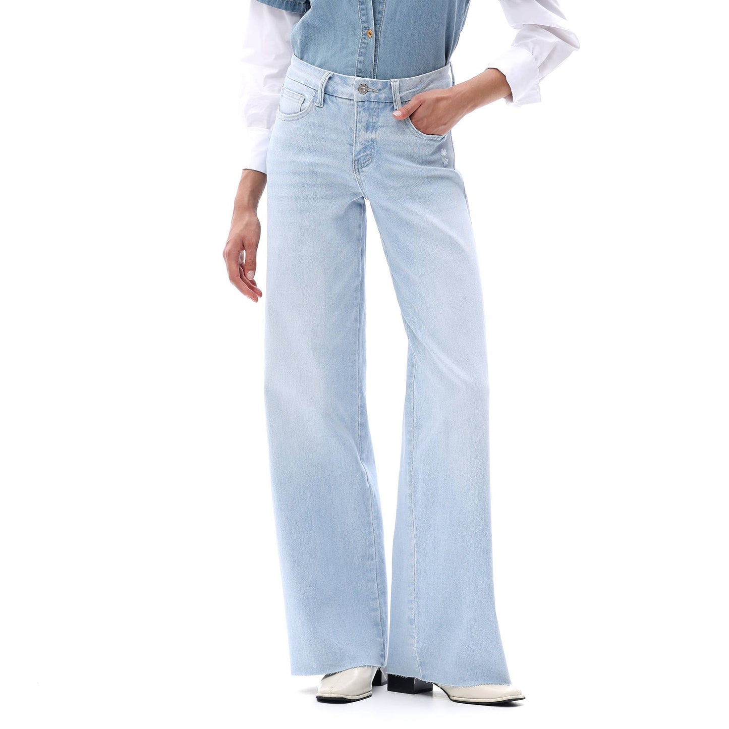 Mid Rise Wide Leg Jeans Raw Hem Vintage Distressed OSW8019: VINTAGE BLUE / 25