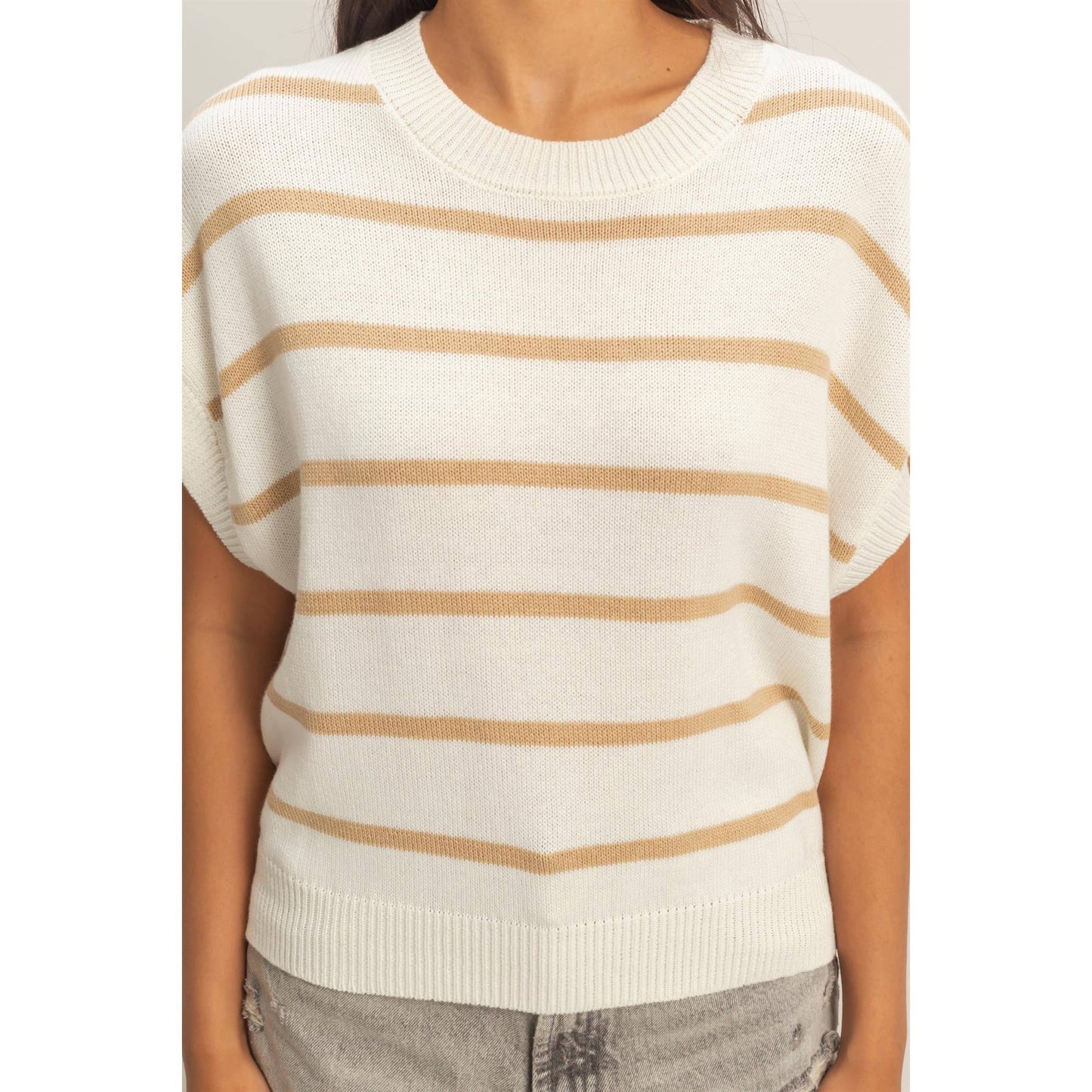 Striped Crew Neck Knit Top: BLACK / S-M-L(2-2-2)