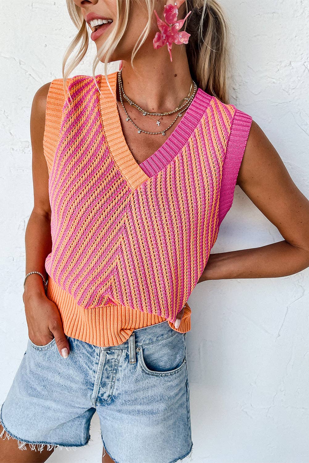 Strawberry Pink Contrast Chevron Knit V Neck Sweater Vest: Strawberry Pink / 100%Viscose / M