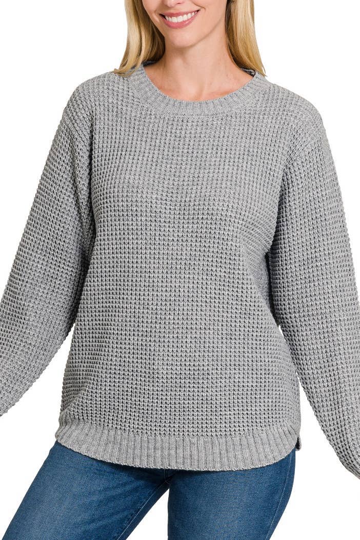 Hi-low Long Sleeve Round Neck Waffle Sweater: TURQUOISE / 1-1-1-1 (S-M-L-XL)
