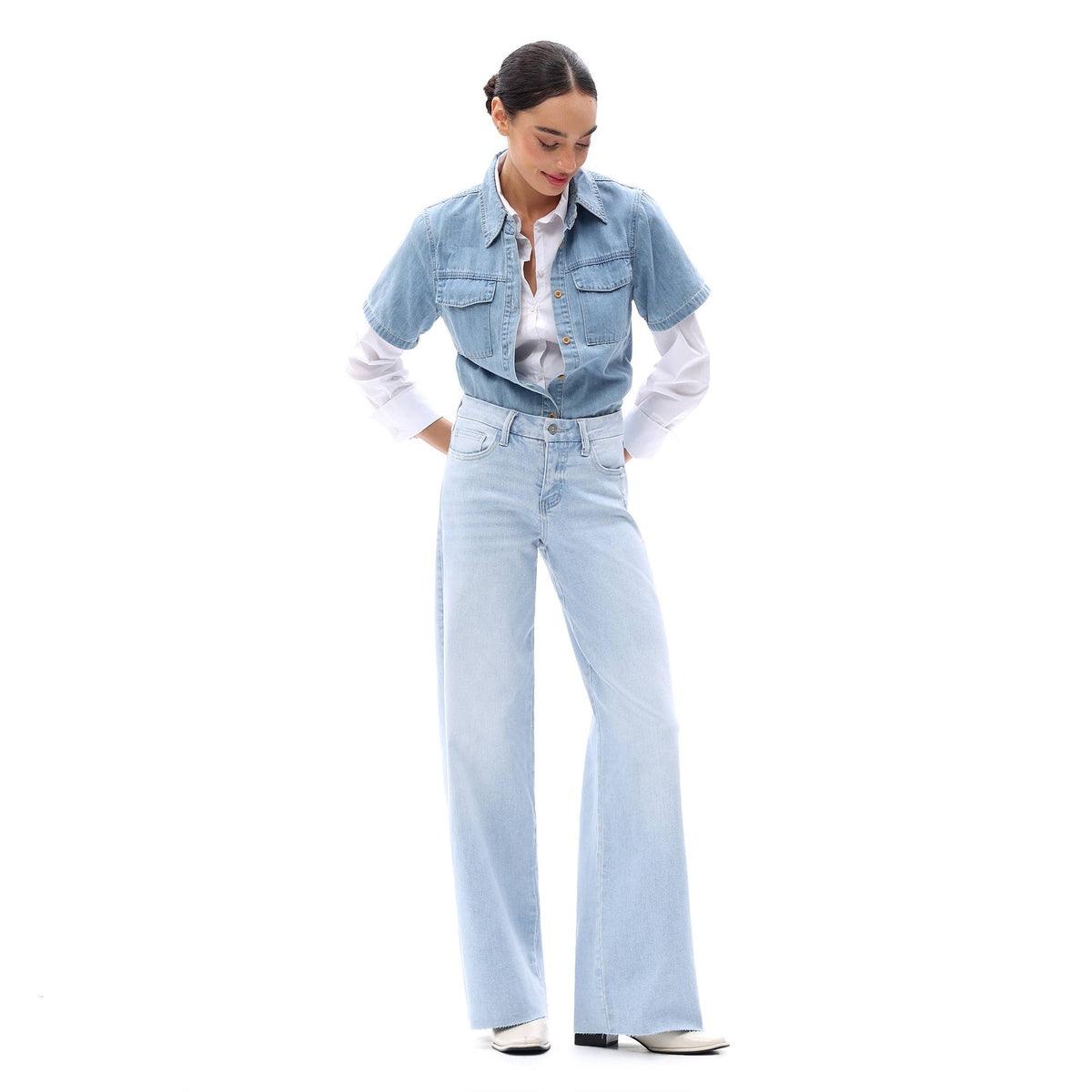 Mid Rise Wide Leg Jeans Raw Hem Vintage Distressed OSW8019: VINTAGE BLUE / 28