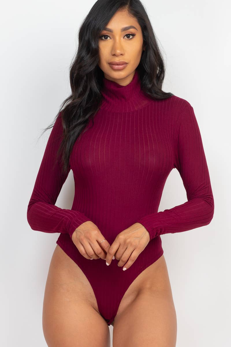 Turtle Neck Long Sleeve Bodysuit: Black / M