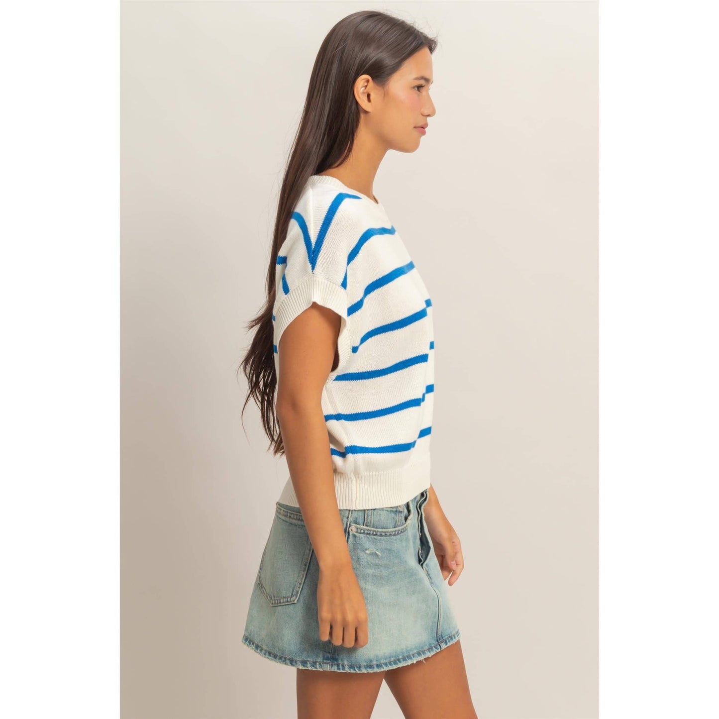 Striped Crew Neck Knit Top: BLACK / S-M-L(2-2-2)