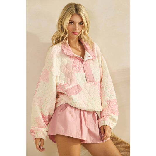 Textured Contrast printed Quarterzip Sweater: Pink Combo / M