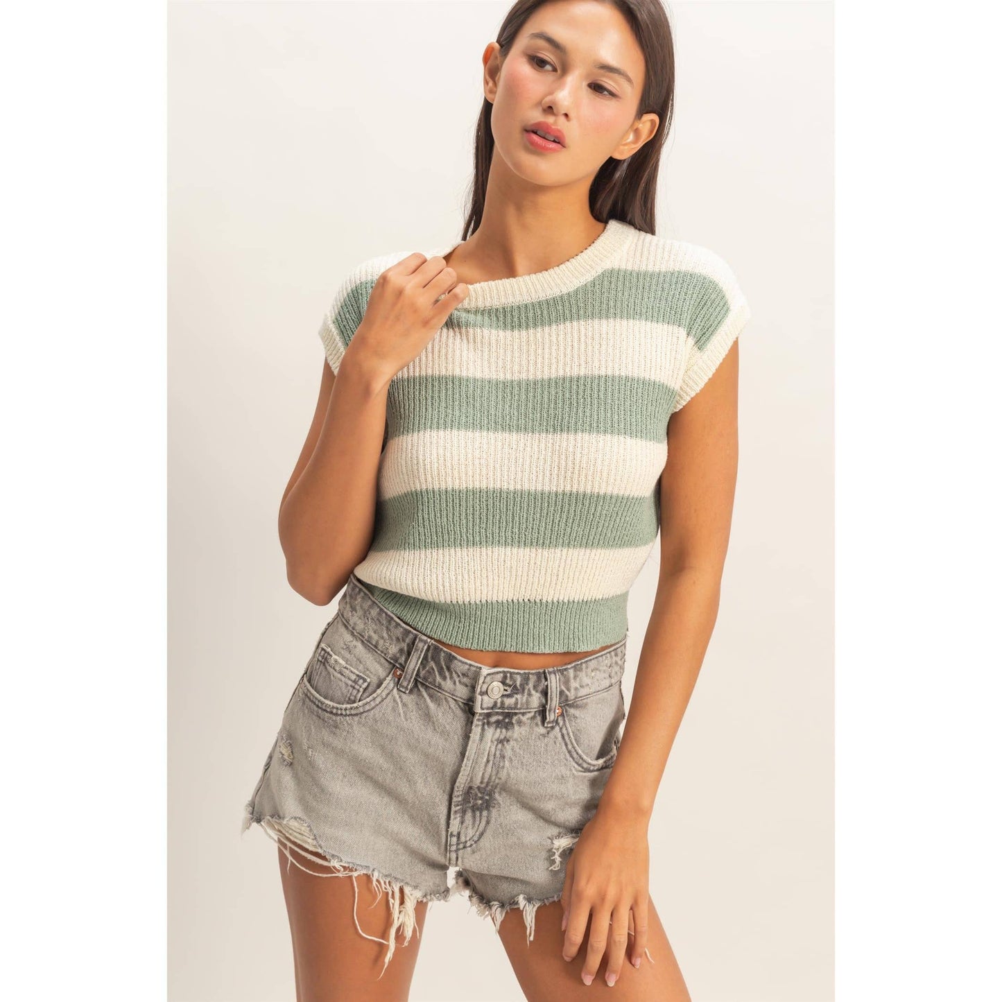 Striped Ribbed Knit Top: TAUPE / S-M-L(2-2-2)