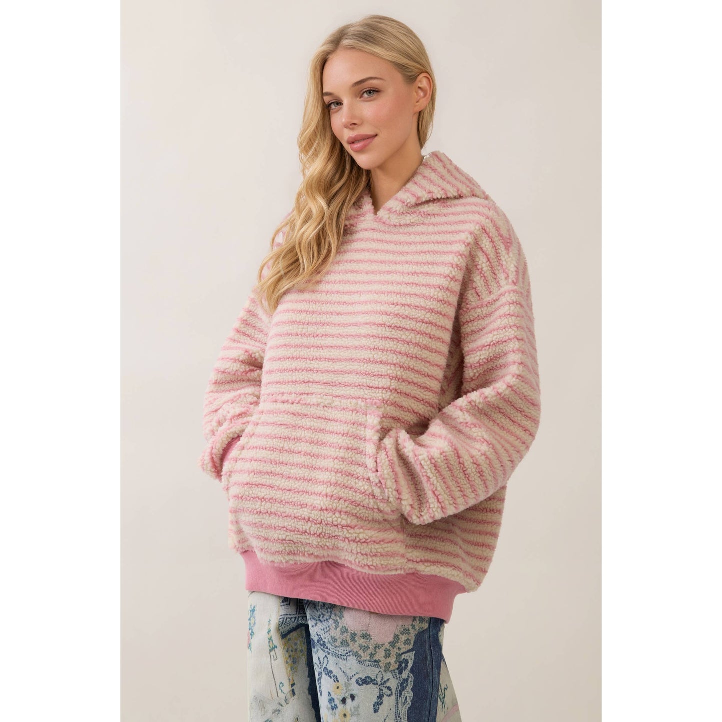 Teddy Striped Contrast Cozy Hoodie: Brown / L