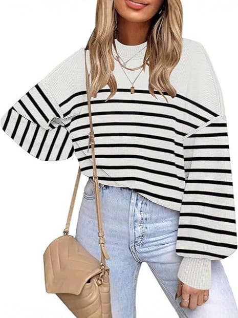 Retro Cozy Multi Striped Lantern Sleeves Knit Sweater: Camel / 2XL
