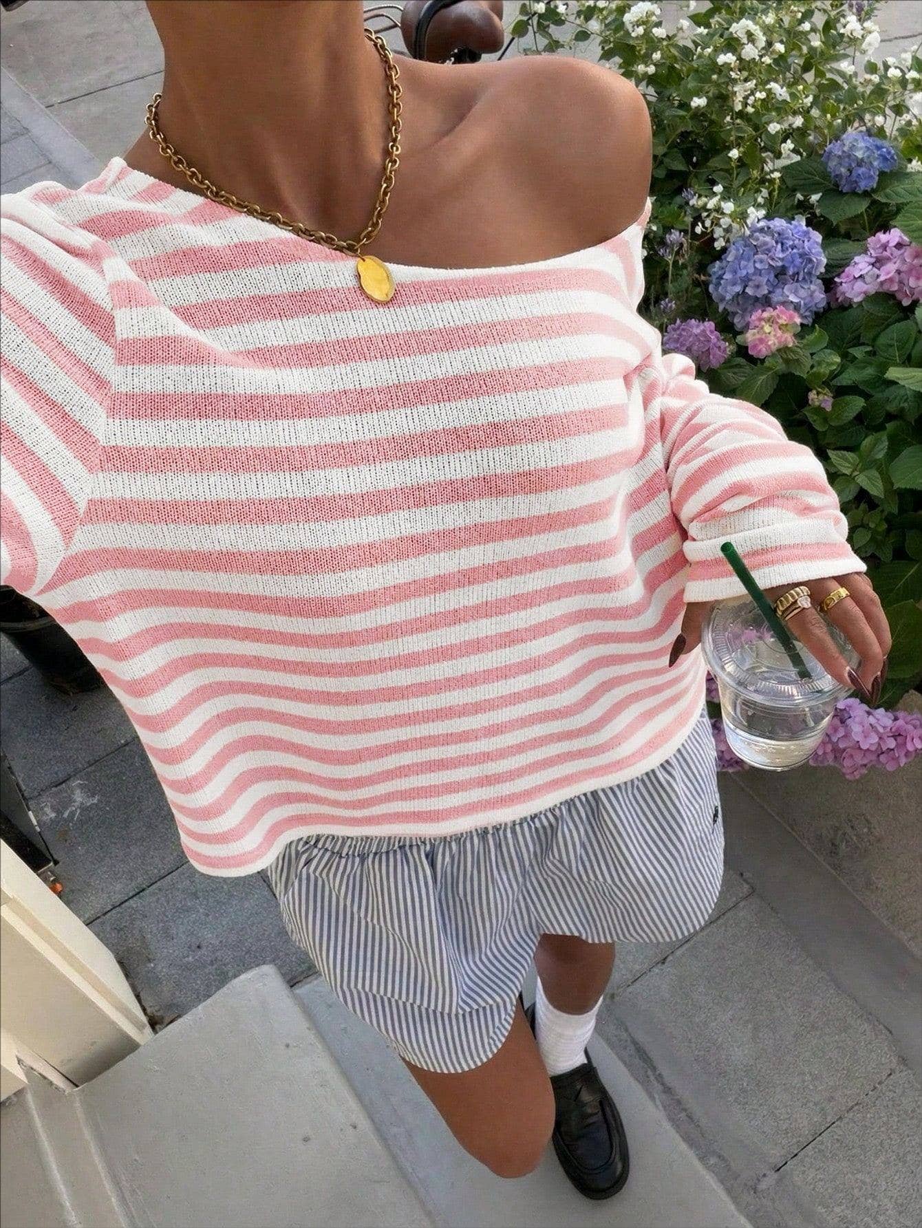 Colorblock Striped Knit Off The Shoulder Sweater Top: Black / XL