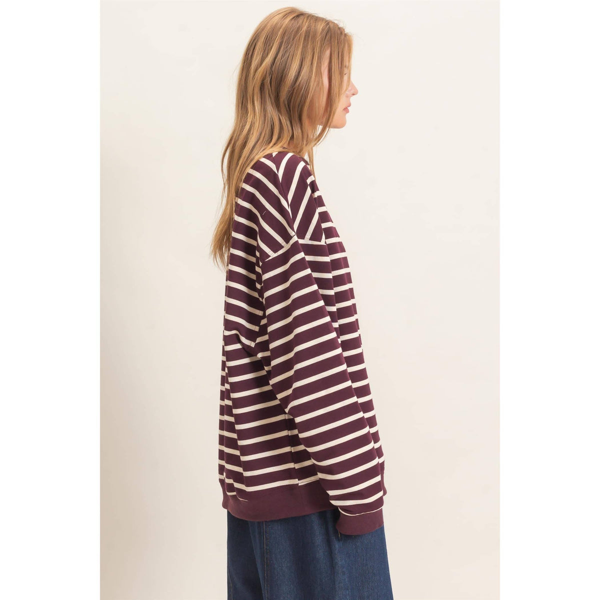 Striped Long Sleeve Pullover: GRAY/ECRU / S-M-L(2-2-2)