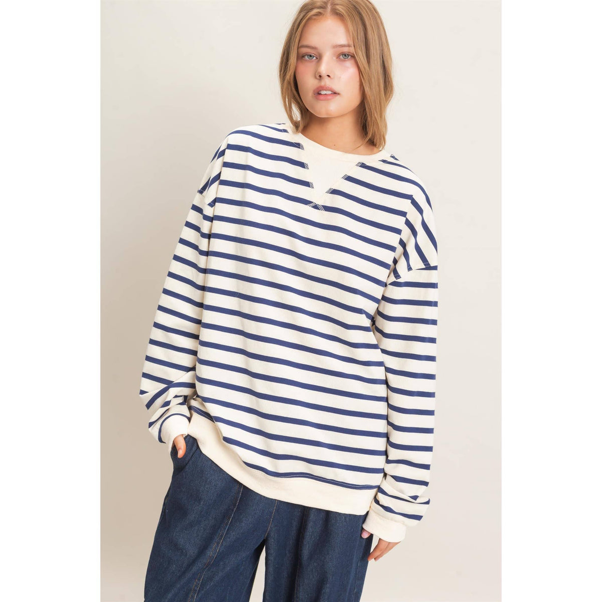 Striped Long Sleeve Pullover: BLACK/CREAM / S-M-L(2-2-2)