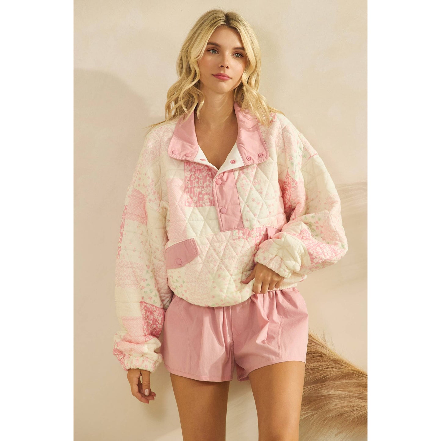 Textured Contrast printed Quarterzip Sweater: Pink Combo / M
