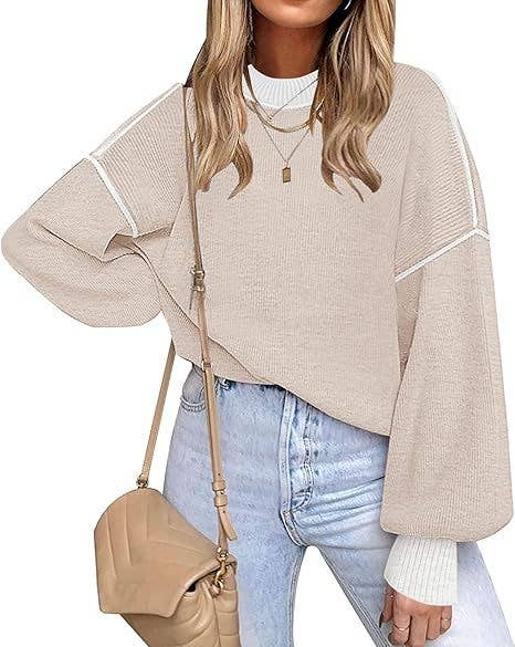 Retro Cozy Multi Striped Lantern Sleeves Knit Sweater: Camel / S
