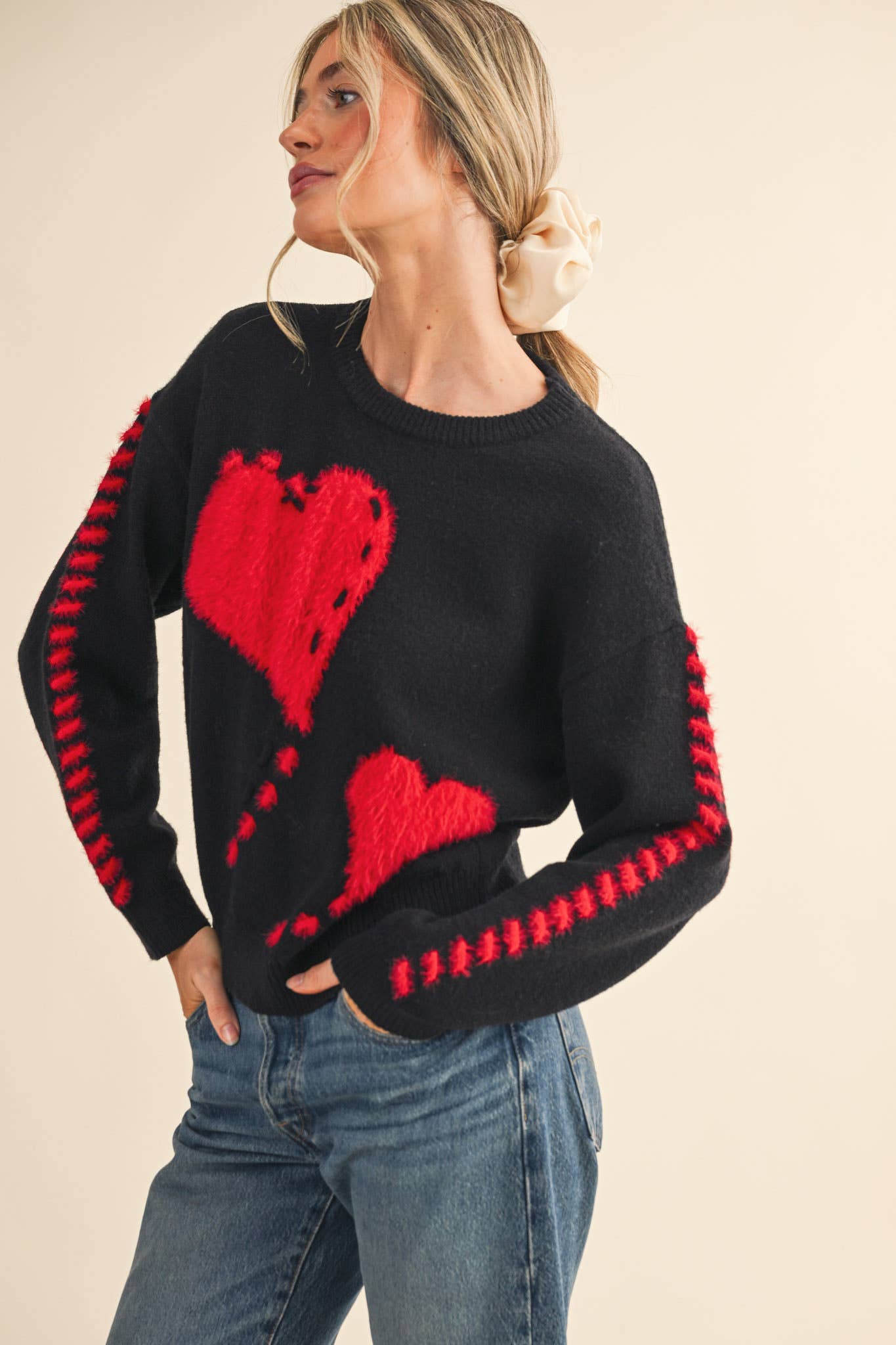 FUZZY HEART KNIT SWEATER WITH WHIP STITCH MSW10990: Red / L