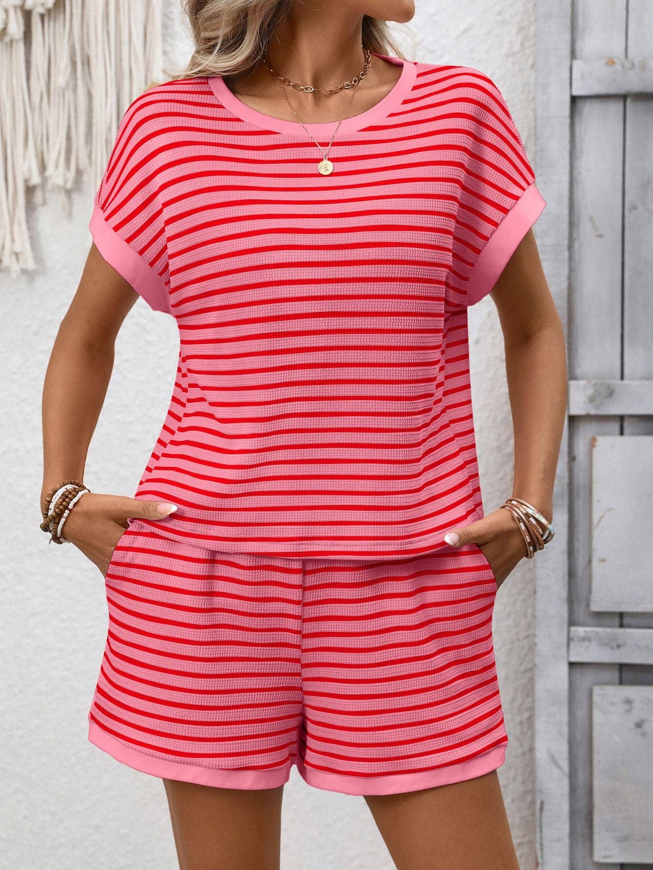 Striped Short Sleeve Top & Shorts Lounge Set: Dark Pink / 65%Viscose + 35%POLYESTER / S