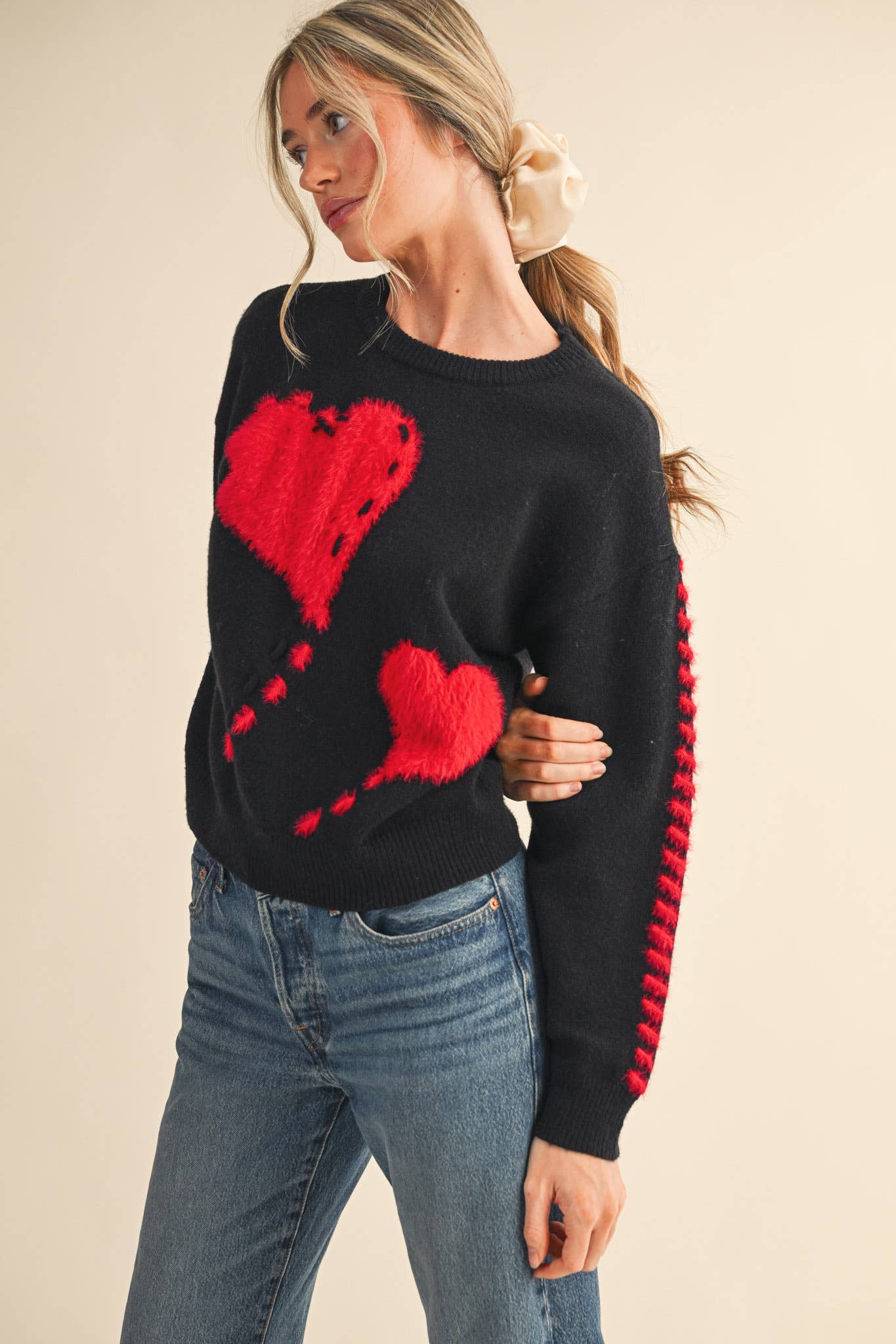 FUZZY HEART KNIT SWEATER WITH WHIP STITCH MSW10990: Red / L
