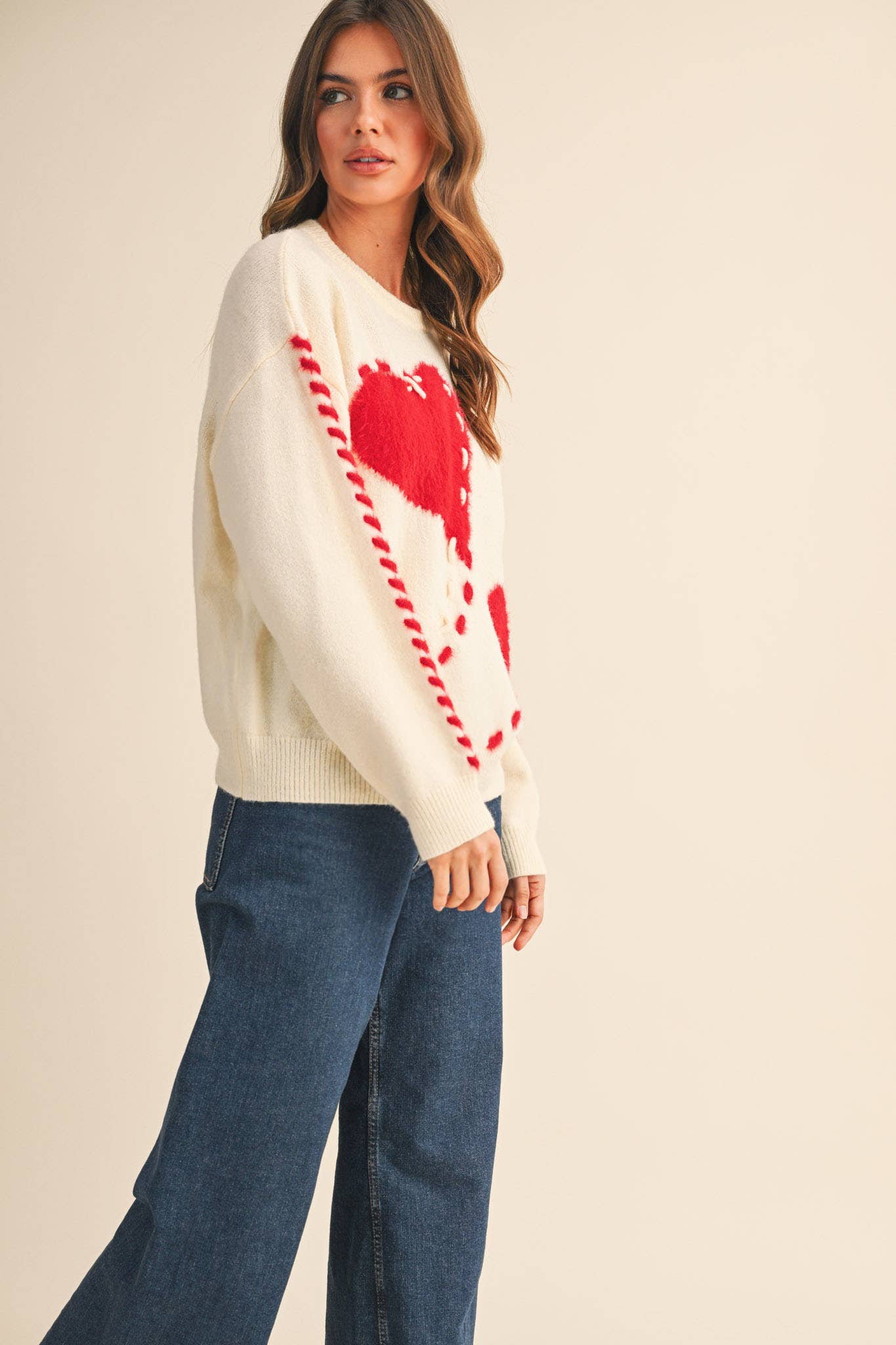 FUZZY HEART KNIT SWEATER WITH WHIP STITCH MSW10990: Red / S