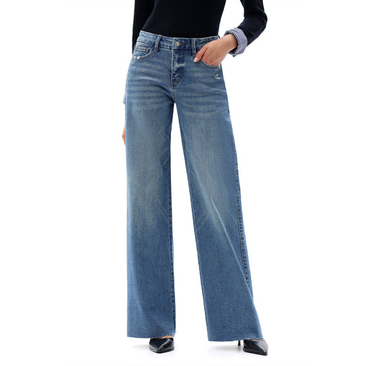 Mid Rise Wide Leg Jeans Raw Hem Vintage Distressed OSW8019: VINTAGE BLUE / 24