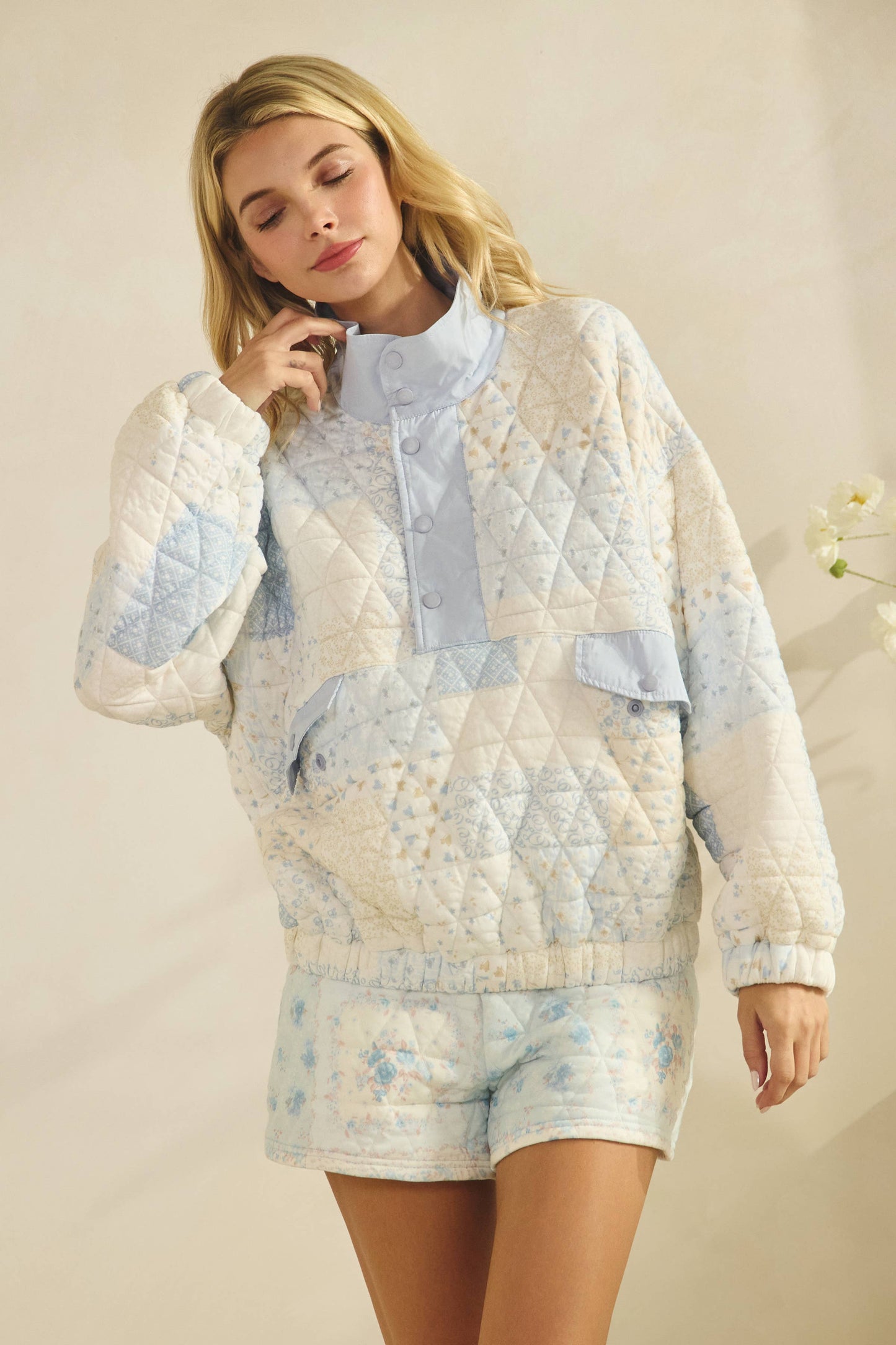 Textured Contrast printed Quarterzip Sweater: Pink Combo / M