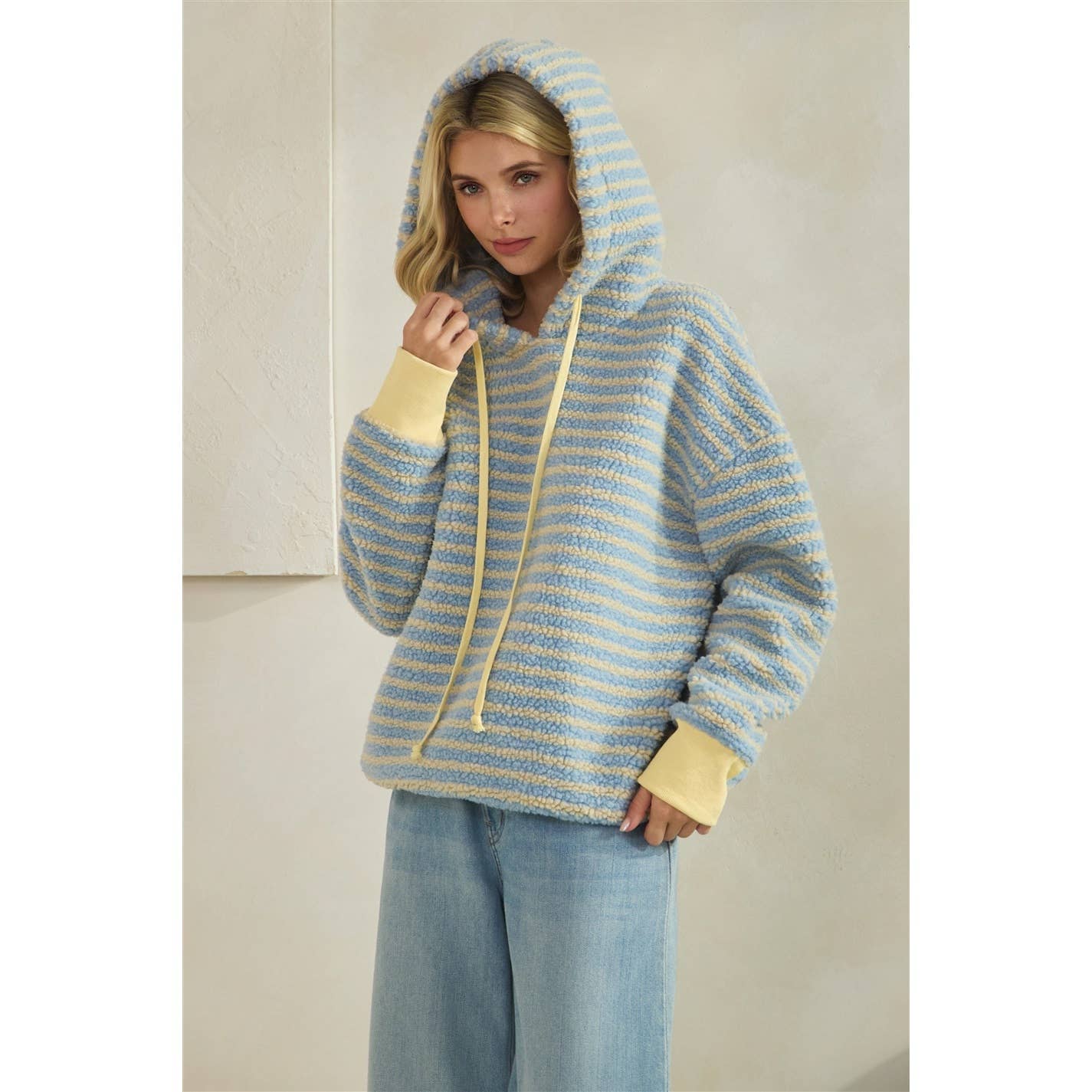 Teddy Striped Contrast Cozy Hoodie: Brown / L