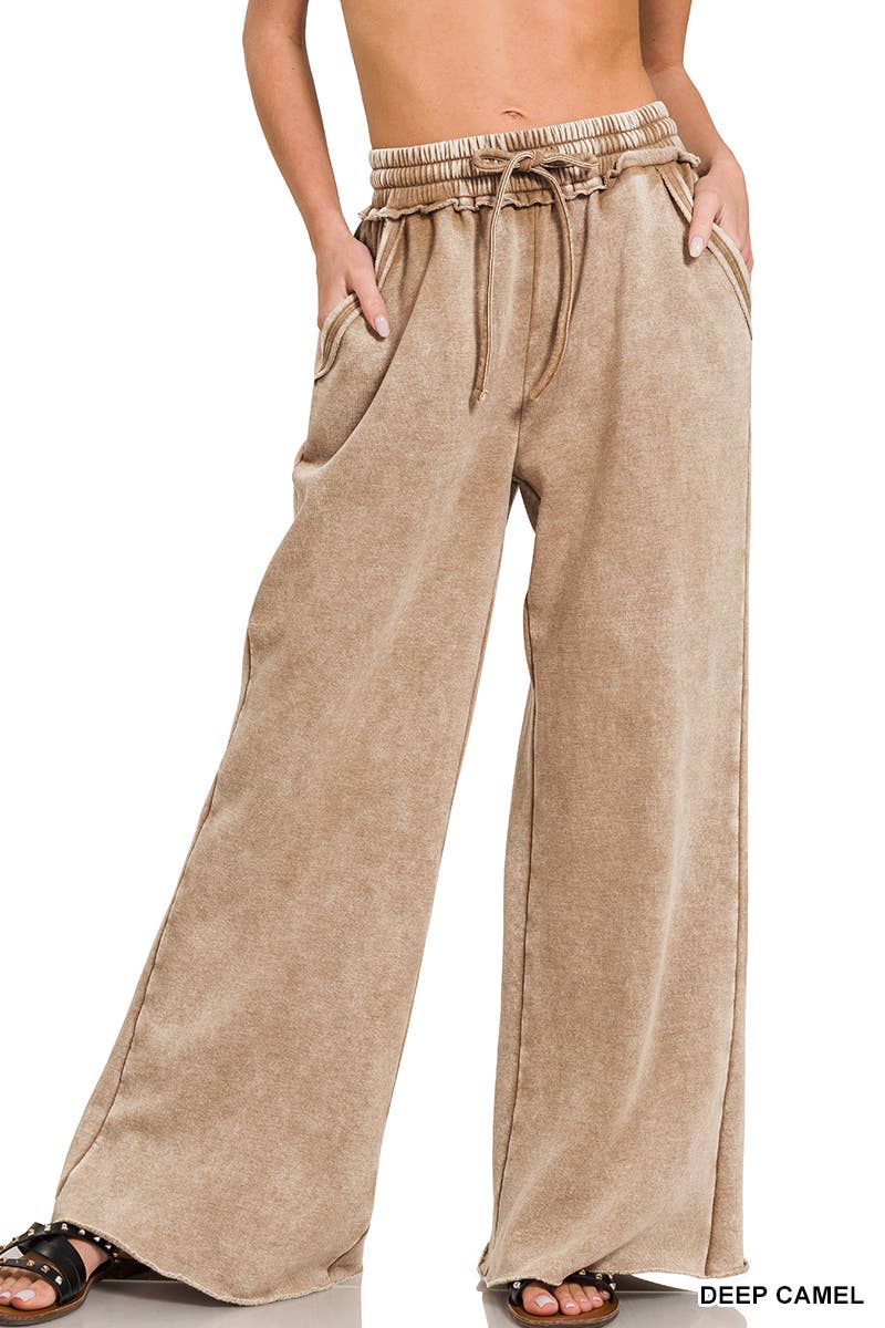 Acid Wash Fleece Palazzo Sweatpants With Pockets: BLACK / 2-2-2 (S-M-L)