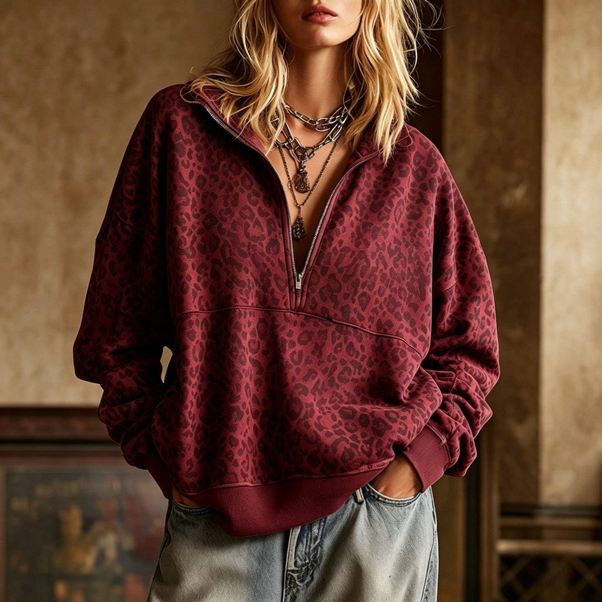Leopard Print Half Zip Oversized Pullover Sweatshirt: Coffee / 95%Polyester+5%Elastane / M