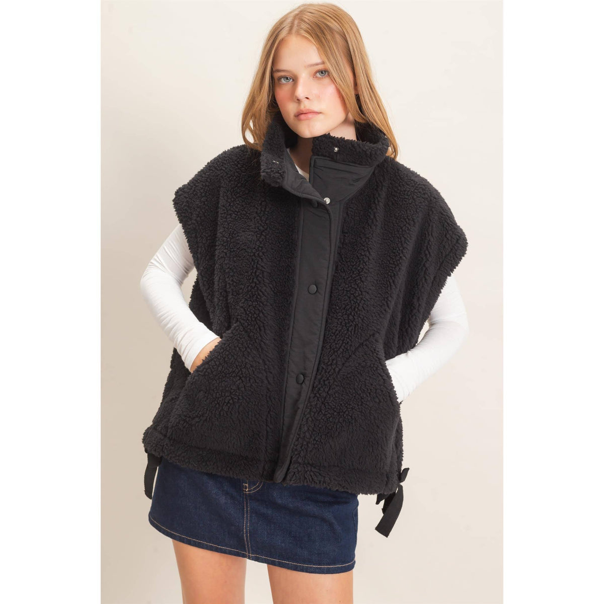 Sherpa Vest With Snap Closure: OLIVE / S-M-L(2-2-2)