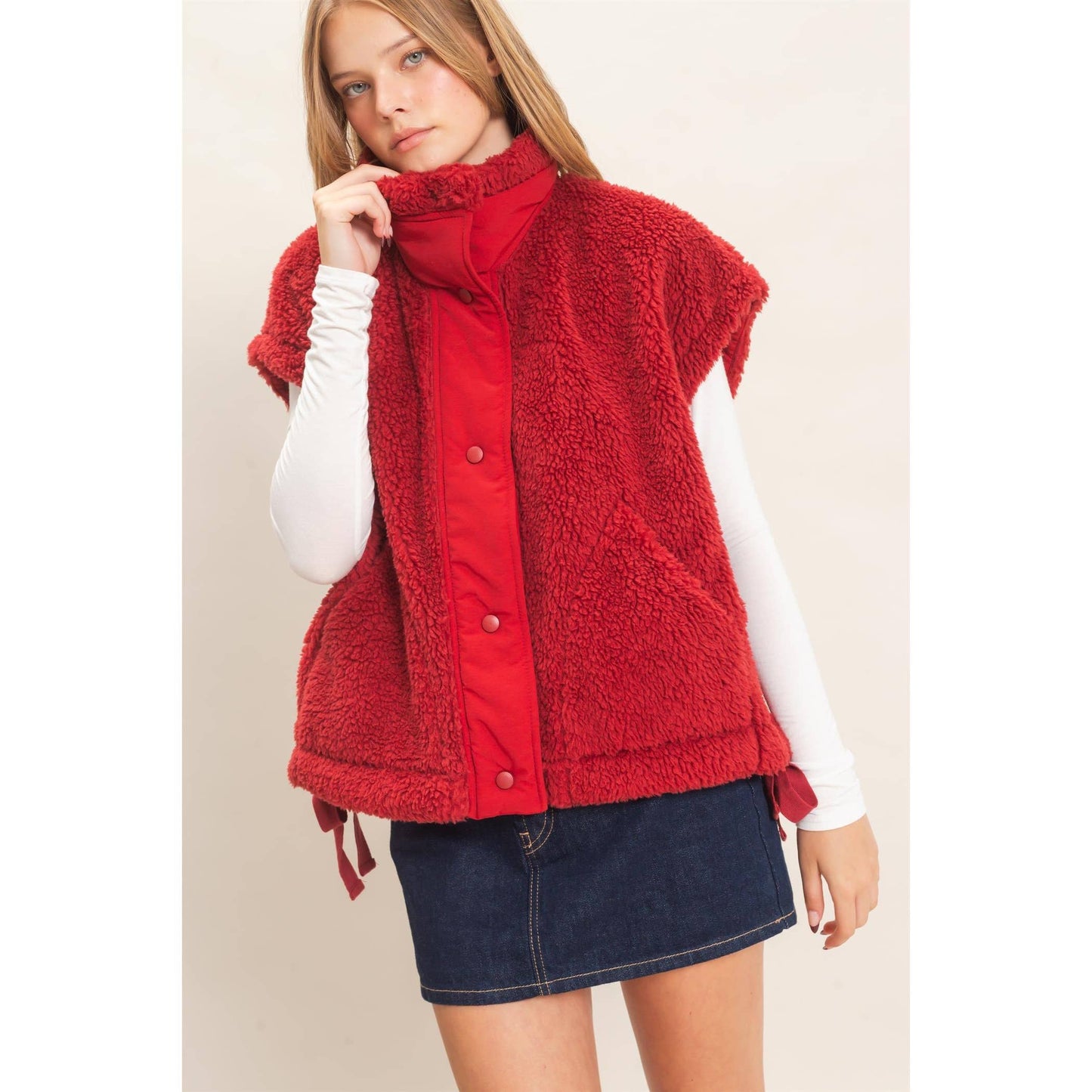 Sherpa Vest With Snap Closure: OLIVE / S-M-L(2-2-2)