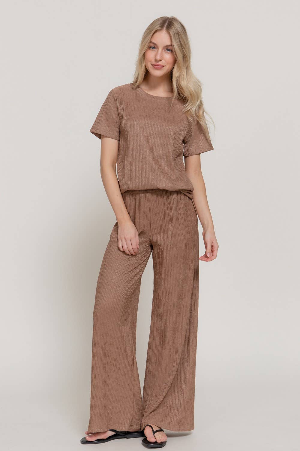 0504 Crinkle Knit Top & Pants 2pc Set SI-29441: Blk-Black-194657 / M