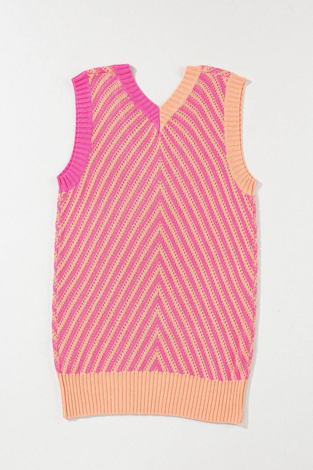 Strawberry Pink Contrast Chevron Knit V Neck Sweater Vest: Strawberry Pink / 100%Viscose / S