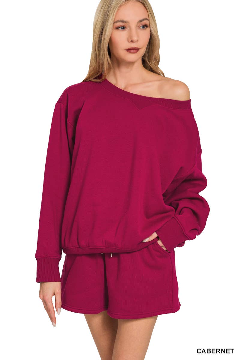 Fleece Sweatshirts & Drawstring Shorts 2pc Set Zenana: ASH MOCHA-186261 / M