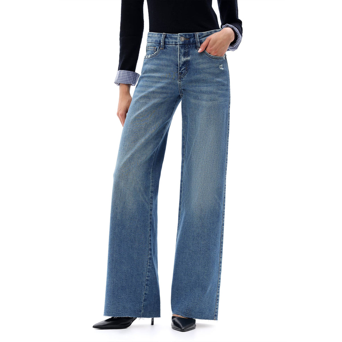 Mid Rise Wide Leg Jeans Raw Hem Vintage Distressed OSW8019: VINTAGE BLUE / 28