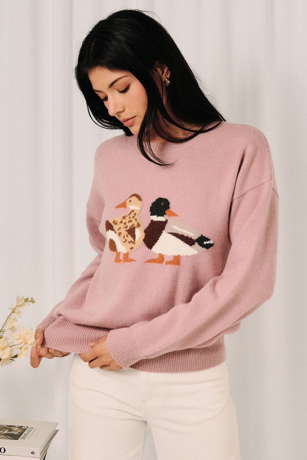 Round Neck Mallard Duck Graphic Long Sleeve Knit Sweater: LAVENDER / M
