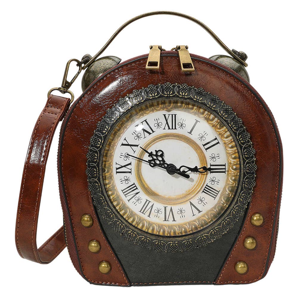 Real Working Vintage Clock Handbag / Crossbody Bag: Brown
