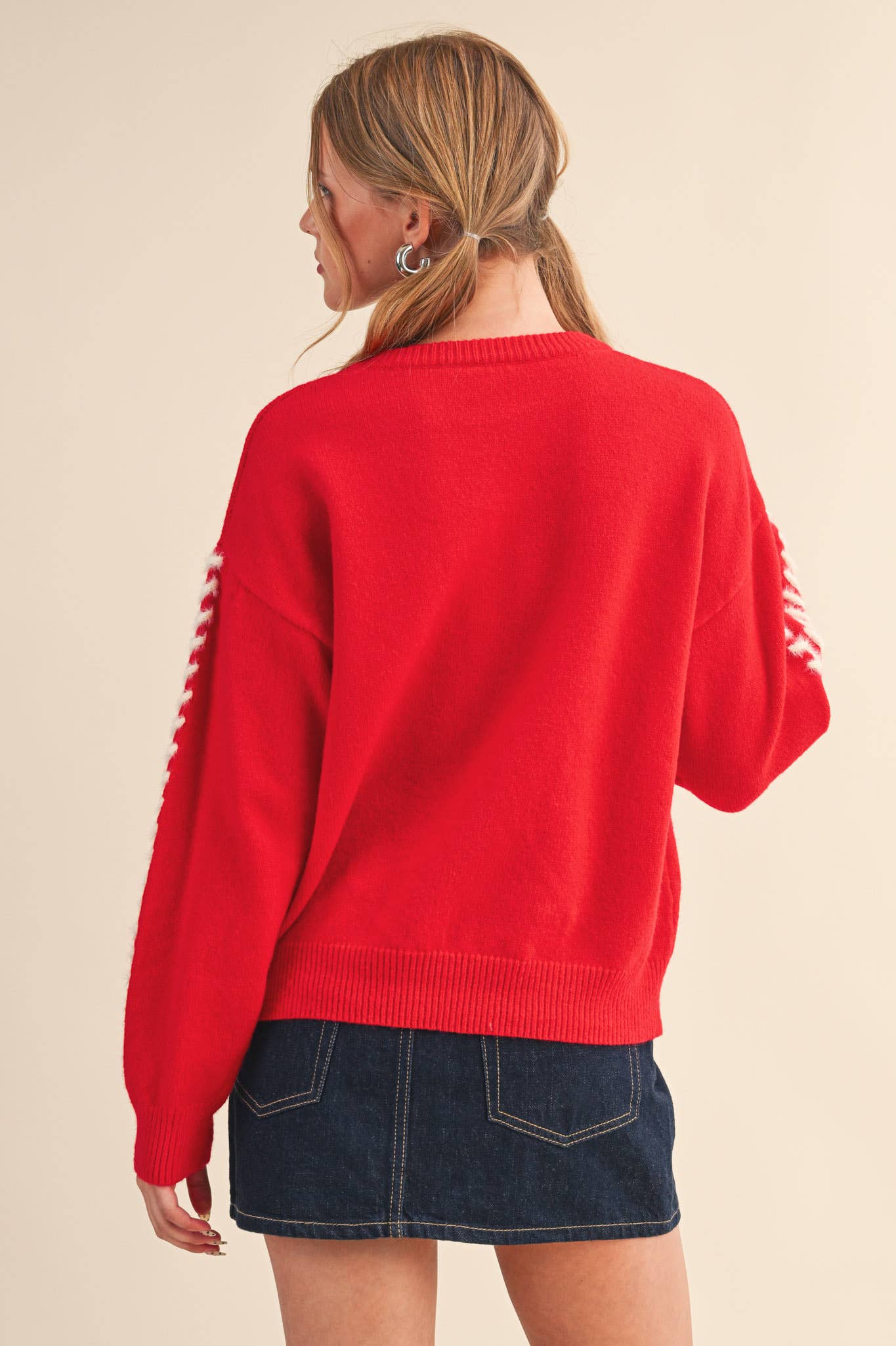 FUZZY HEART KNIT SWEATER WITH WHIP STITCH MSW10990: Red / M