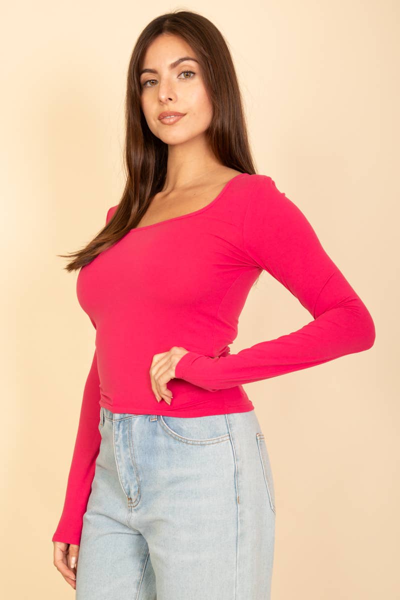 Square Neck Long Sleeve Top: RED / L