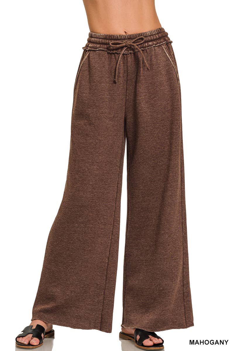 Acid Wash Fleece Palazzo Sweatpants With Pockets: BLACK / 2-2-2 (S-M-L)