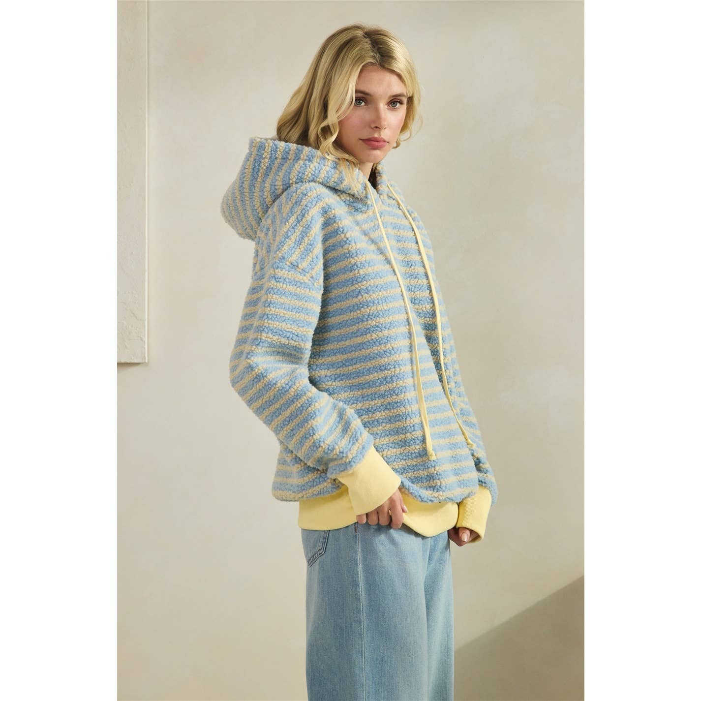 Teddy Striped Contrast Cozy Hoodie: Brown / S