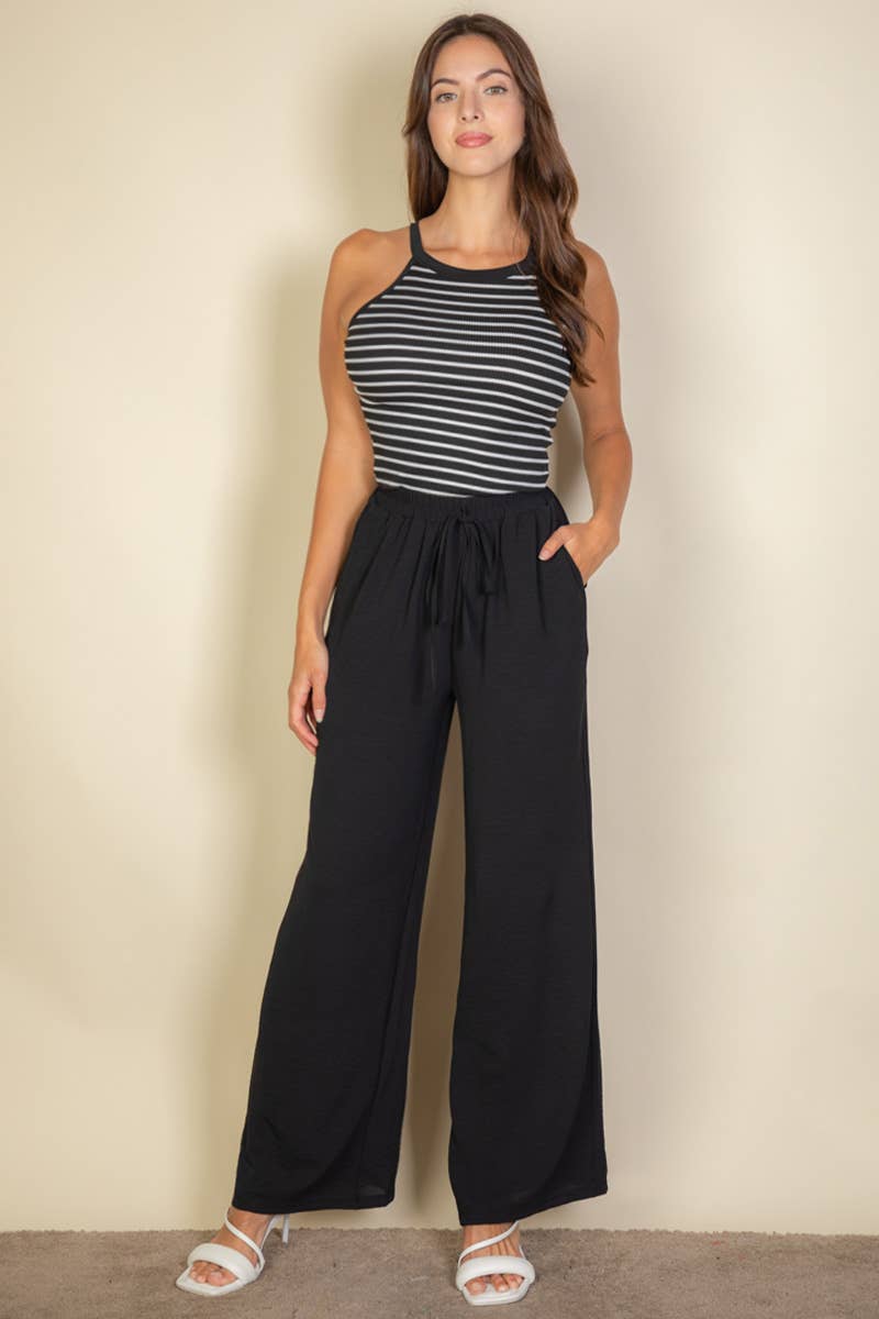 Drawstring waist wide leg minimalist pants: Black / M
