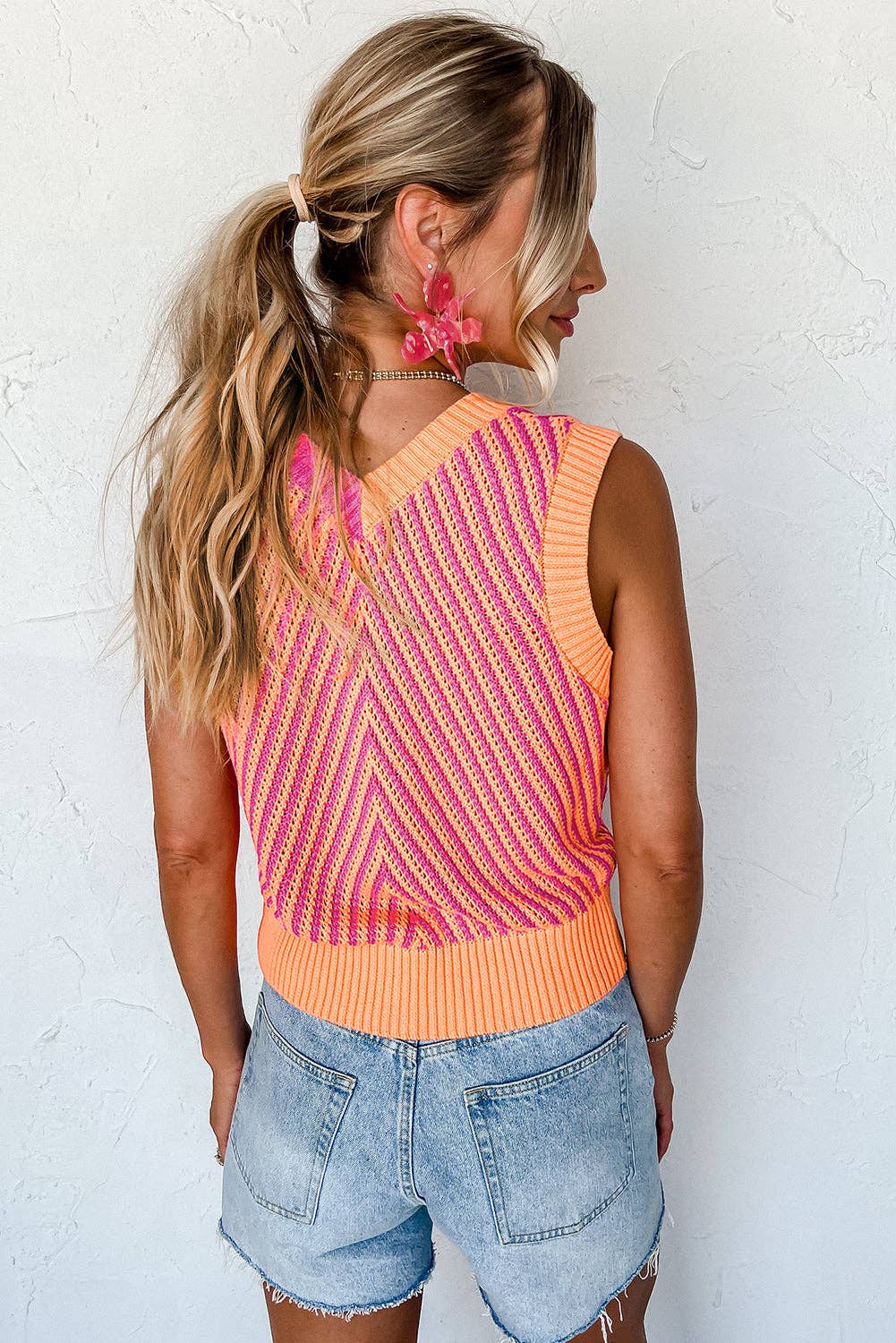 Strawberry Pink Contrast Chevron Knit V Neck Sweater Vest: Strawberry Pink / 100%Viscose / S