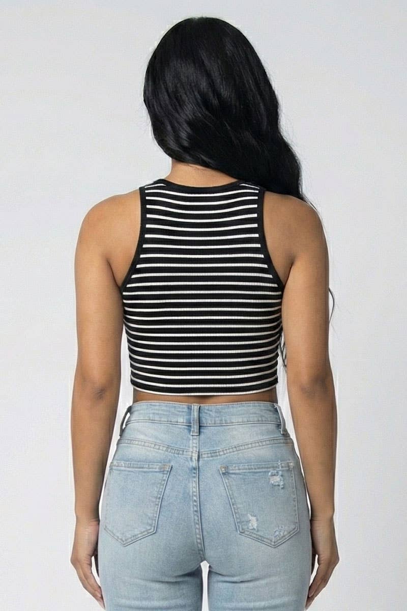 Ribbed Striped Racerback Crop Tank Top: Black/White / S