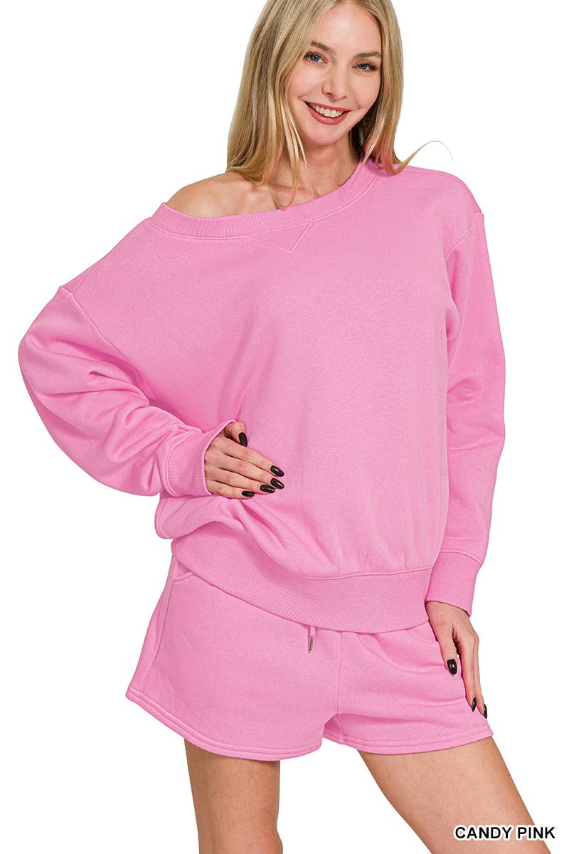 Fleece Sweatshirts & Drawstring Shorts 2pc Set Zenana: ASH MOCHA-186261 / M