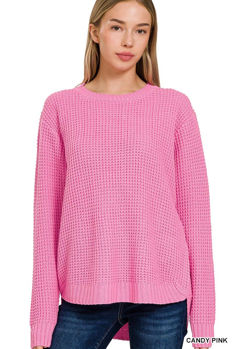 Hi-low Long Sleeve Round Neck Waffle Sweater: TURQUOISE / 1-1-1-1 (S-M-L-XL)