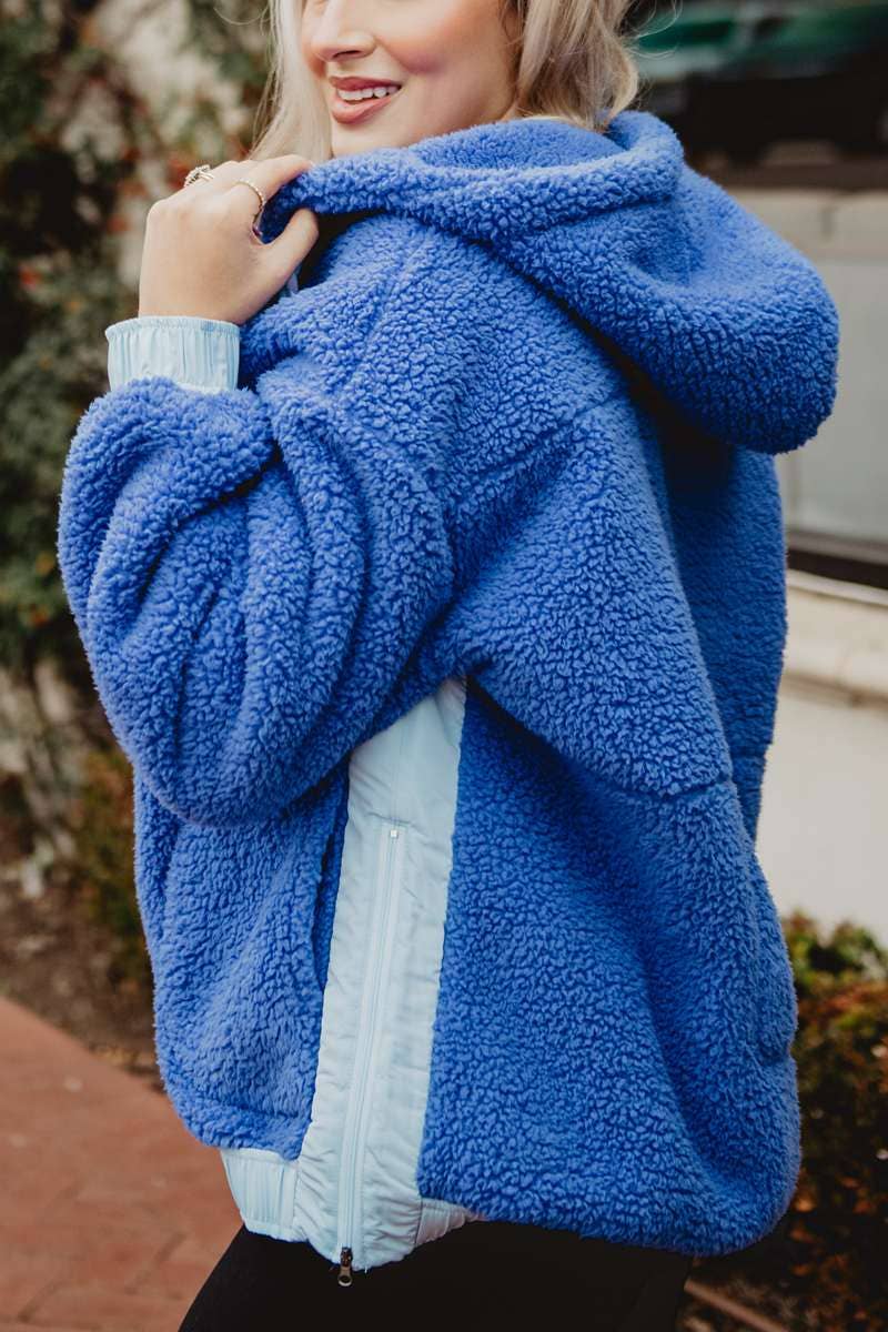 Blue Two-Toned Sherpa Fleece Wholesale Pullover: Blue / L