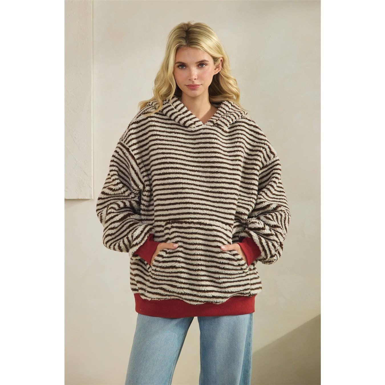 Teddy Striped Contrast Cozy Hoodie: Brown / S