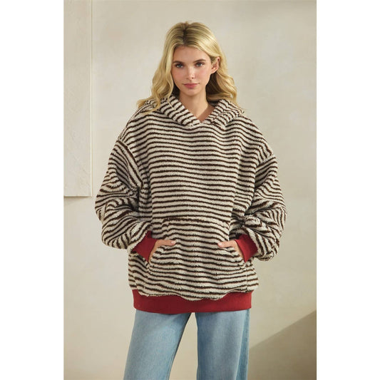 Teddy Striped Contrast Cozy Hoodie: Brown / L