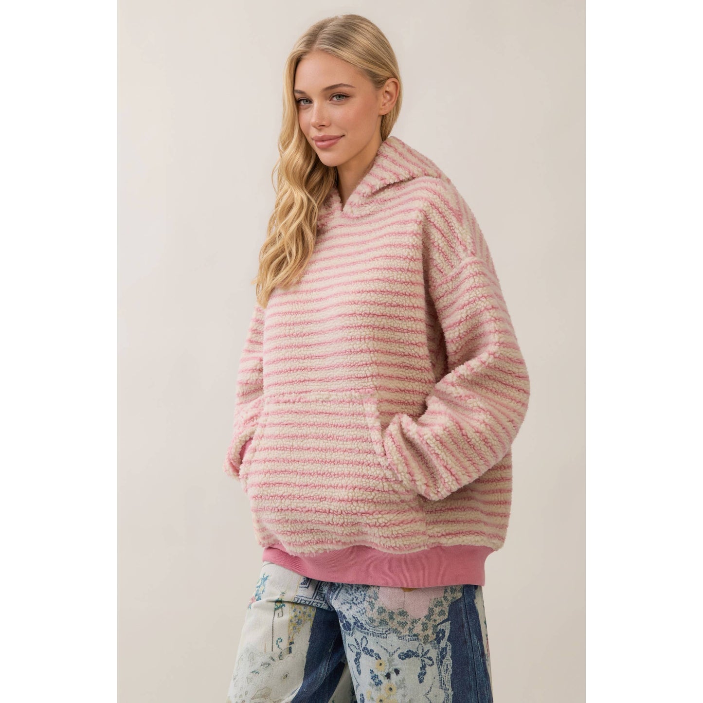 Teddy Striped Contrast Cozy Hoodie: Brown / M
