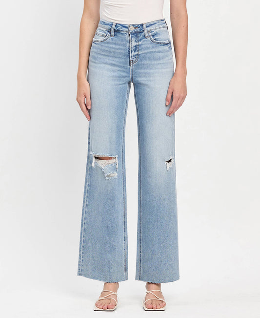 HIGH RISE CLEAN CUT RAW HEM WIDE LEG JEANS T6597: REFULGENT / 30