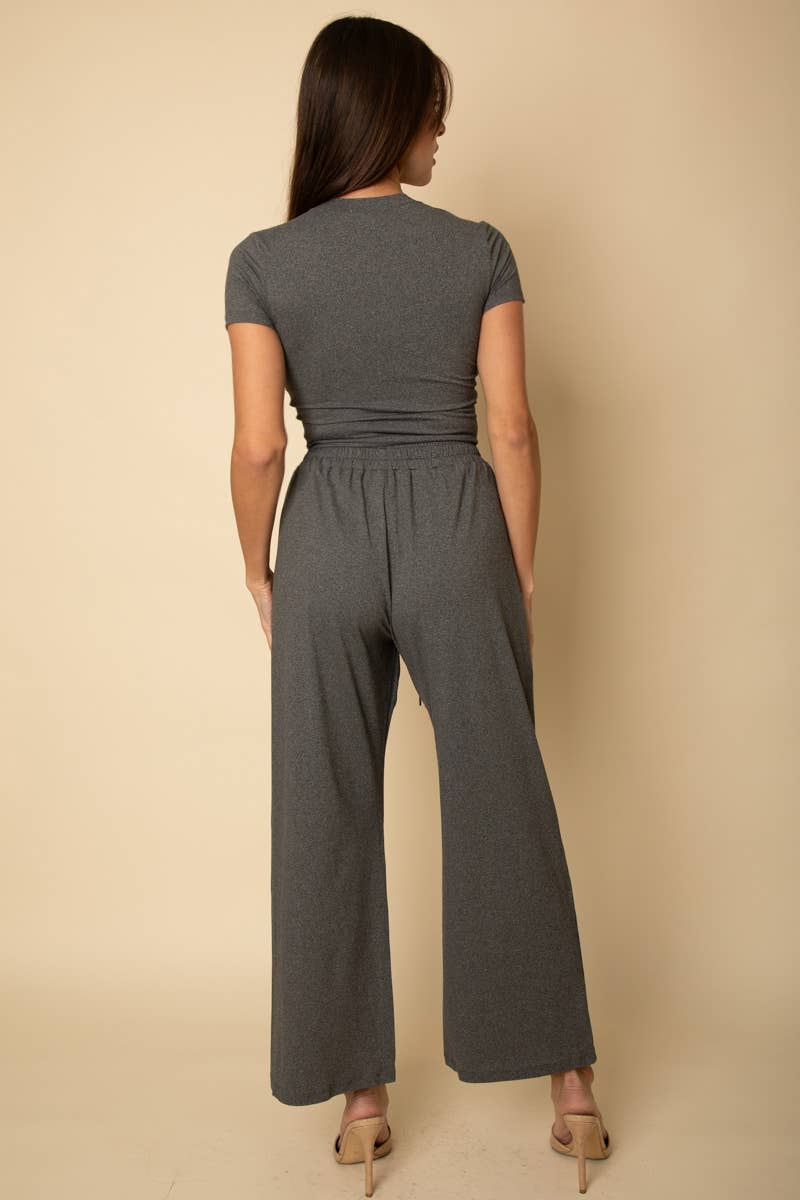 Relaxed Fit Top and Wide-Leg Pants Set: Heather Grey / M