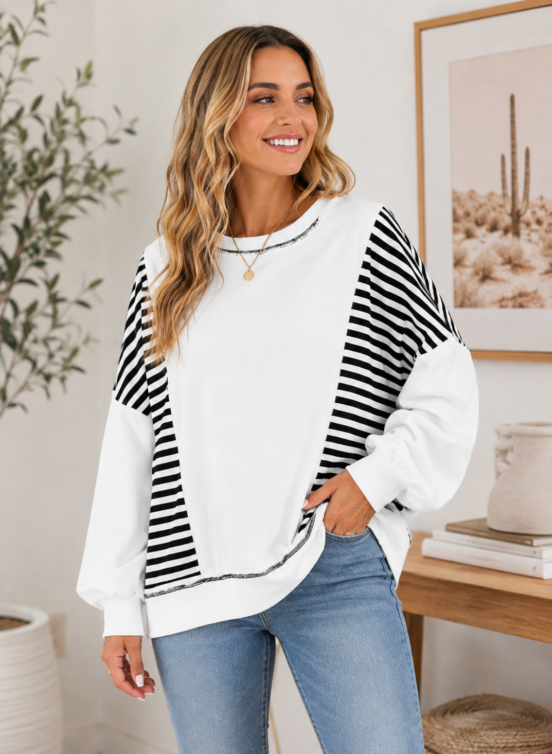 Oversized Stripe Colorblock Sweatshirt: L