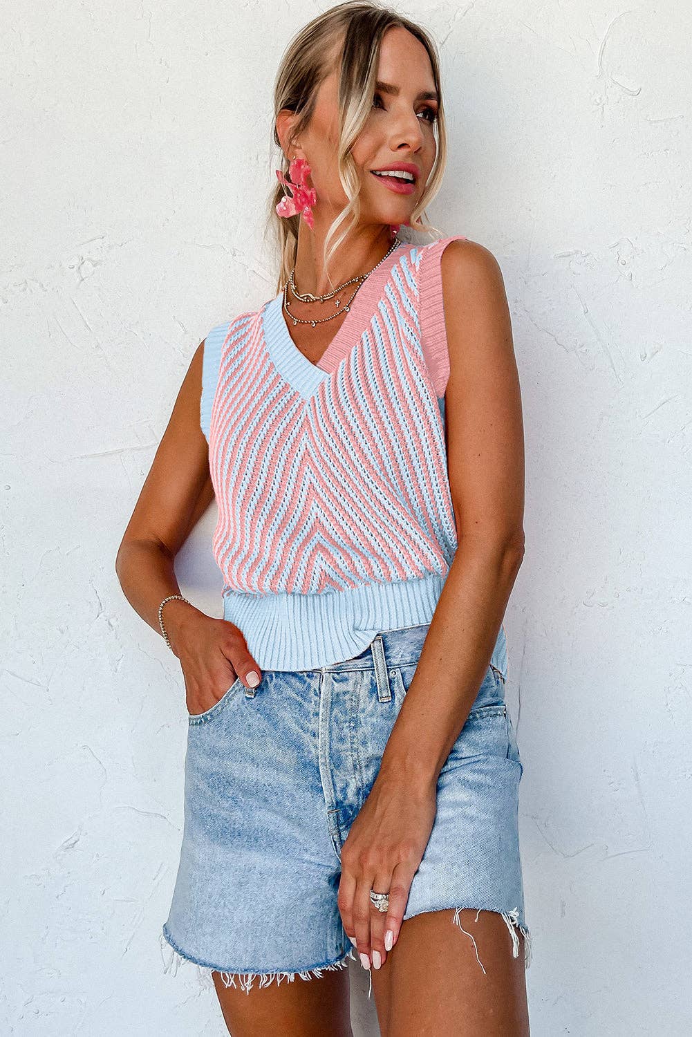 Strawberry Pink Contrast Chevron Knit V Neck Sweater Vest: Strawberry Pink / 100%Viscose / XL